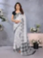 White & Grey Marble Print Georgette Saree with Checkered Border