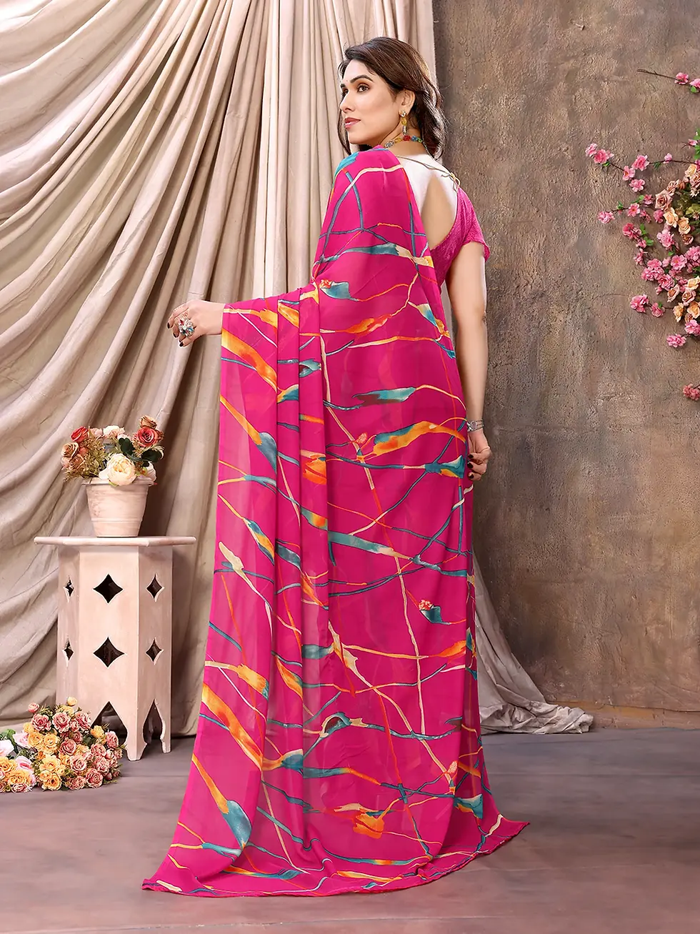 Thumbnail: Vibrant Fuchsia Pink Abstract Print Georgette Saree with Matching Blouse Piece