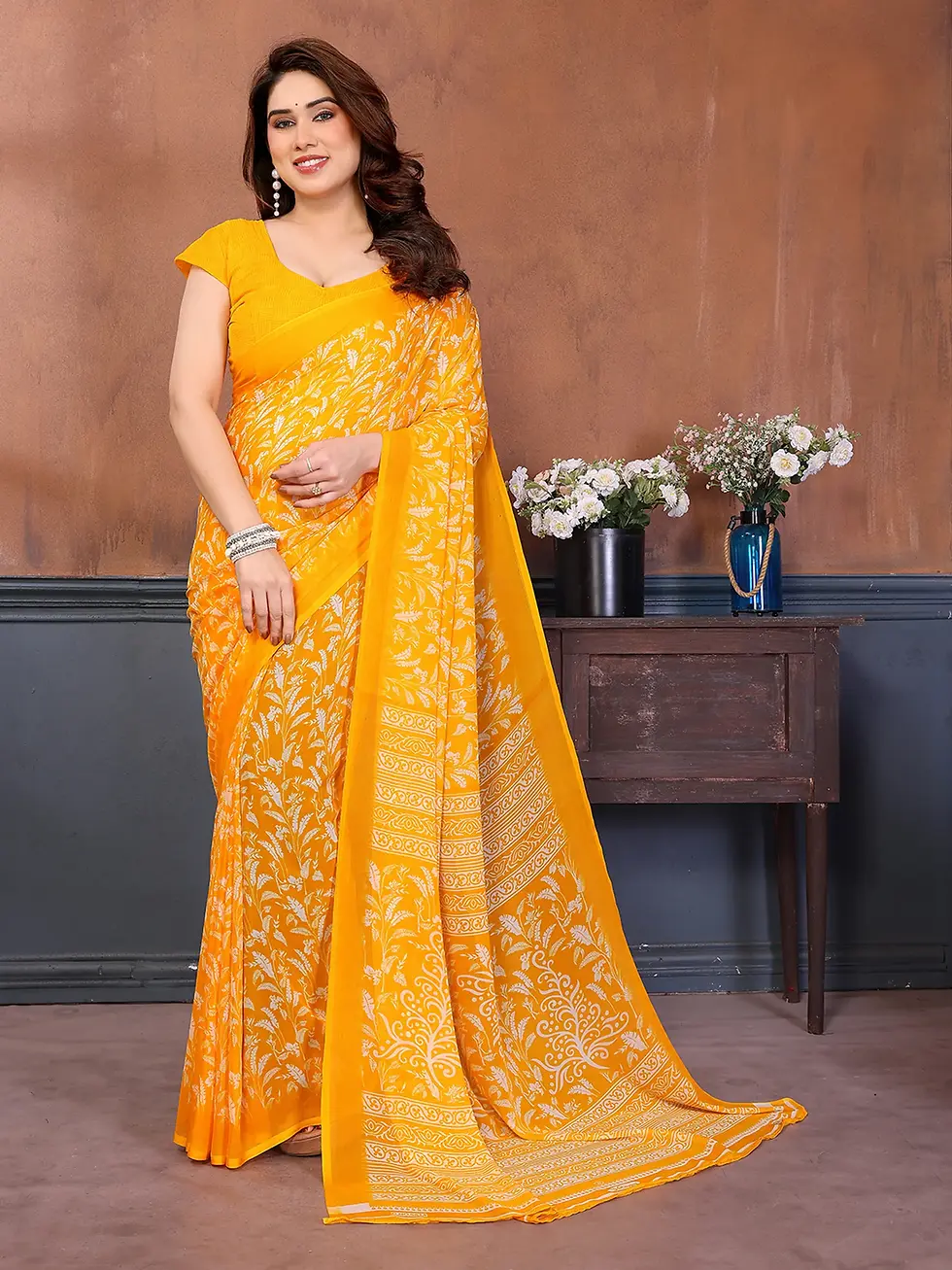 Thumbnail: Vibrant Mustard Yellow Floral Printed Georgette Saree with Matching Blouse Piece