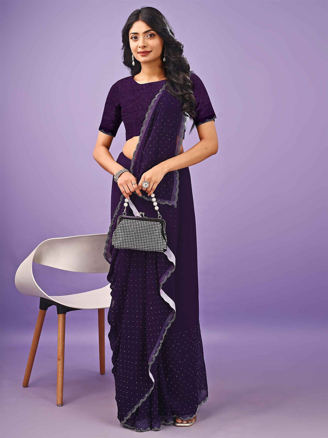 Elegant Deep Purple Chiffon Saree with Delicate Bead and Stone Embellishments