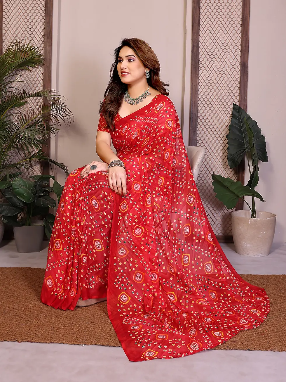 Thumbnail: Vibrant Red Georgette Bandhani Print Saree with Classic Border