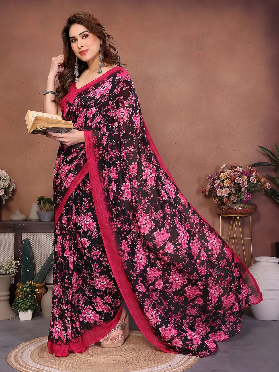 Women's Black & Pink Floral Printed Georgette Saree with Designer Pink Border Soft Lightweight Party Wear, Casual Wear, Offi