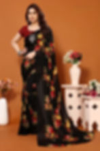 Elegant Black Georgette Floral Print Saree with Red Checkered Blouse