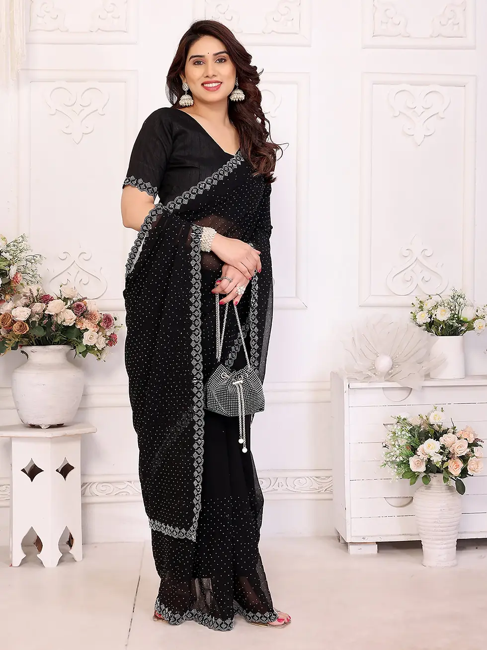 Women's Black Georgette Saree with Silver Embellished Border Designer Party Wear Saree Soft Lightweight Sheer Saree with Ma