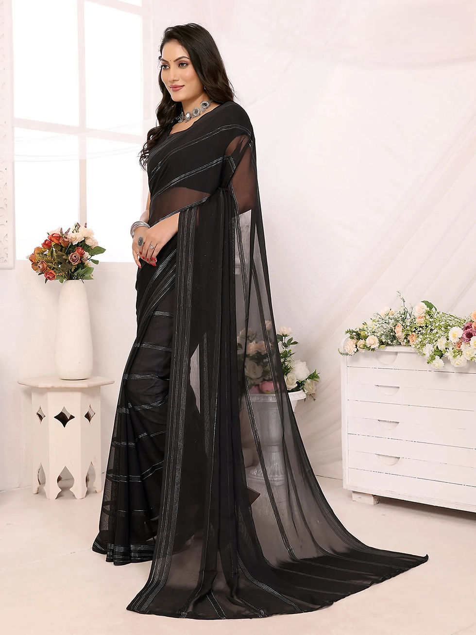 Women's Elegant Black Georgette Saree with Silver Striped Border Soft Lightweight Party Wear Saree Designer Bollywood Style