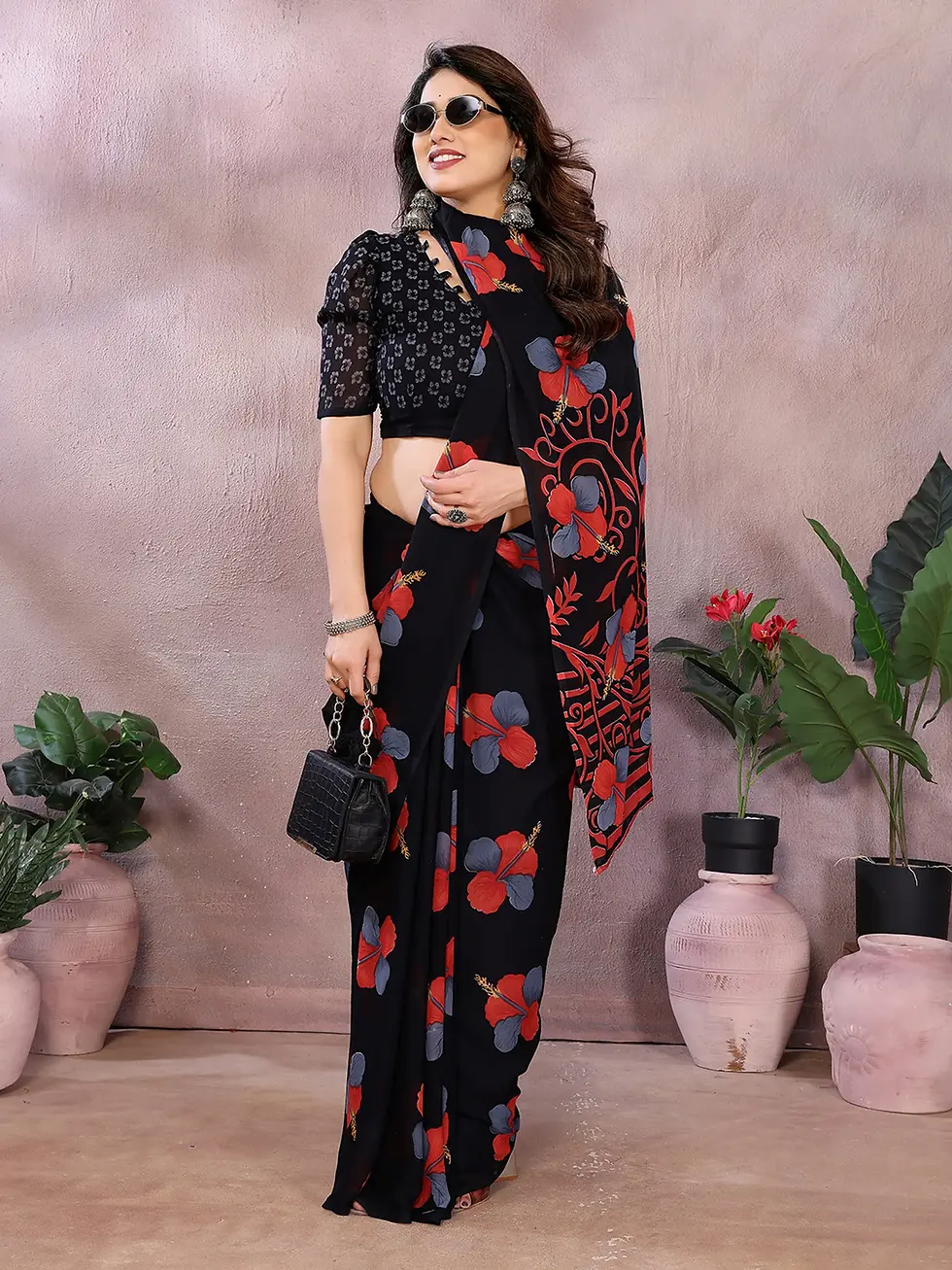 Women's Black Floral Printed Georgette Saree with Designer Border Elegant Lightweight Party Wear, Festive Wear, Wedding, Off