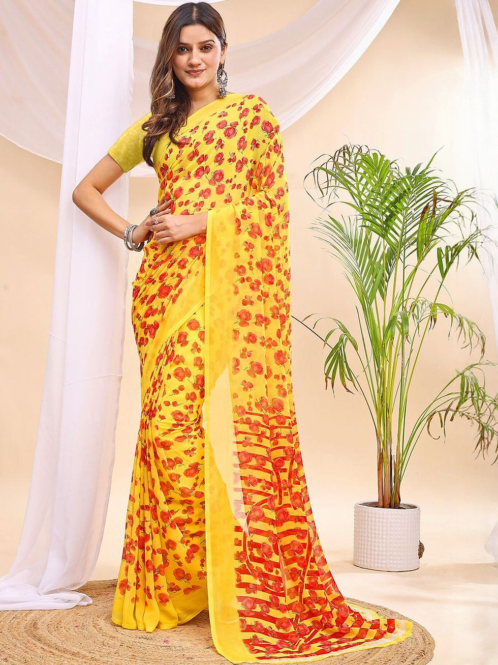 Thumbnail: Vibrant Yellow Floral Printed Chiffon Saree with Striped Border