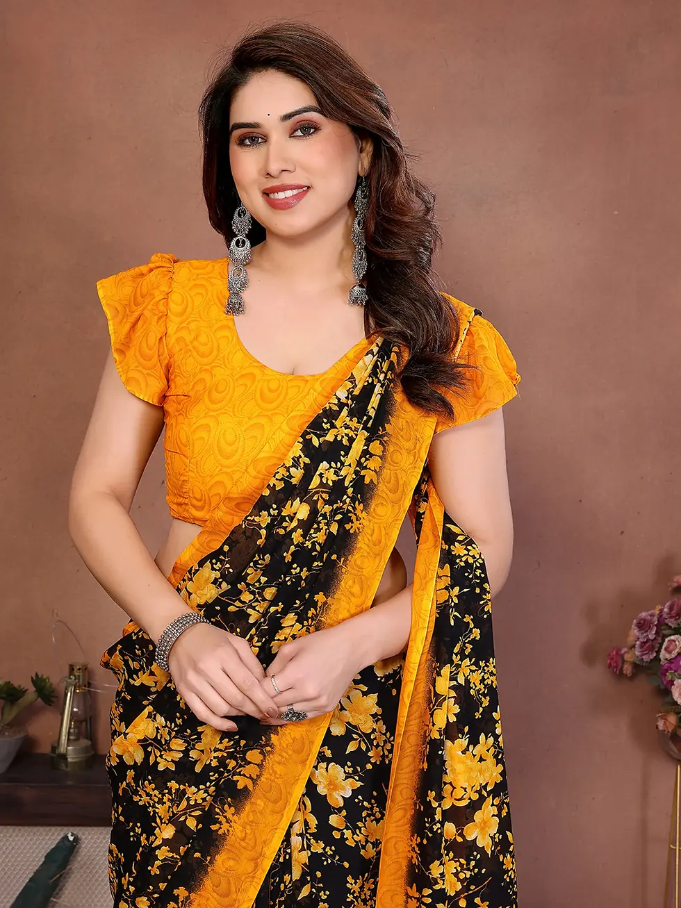 SmittenSmit Women's Black & Mustard Yellow Floral Printed Saree with Designer Lace Border Soft Georgette Daily Wear Saree E