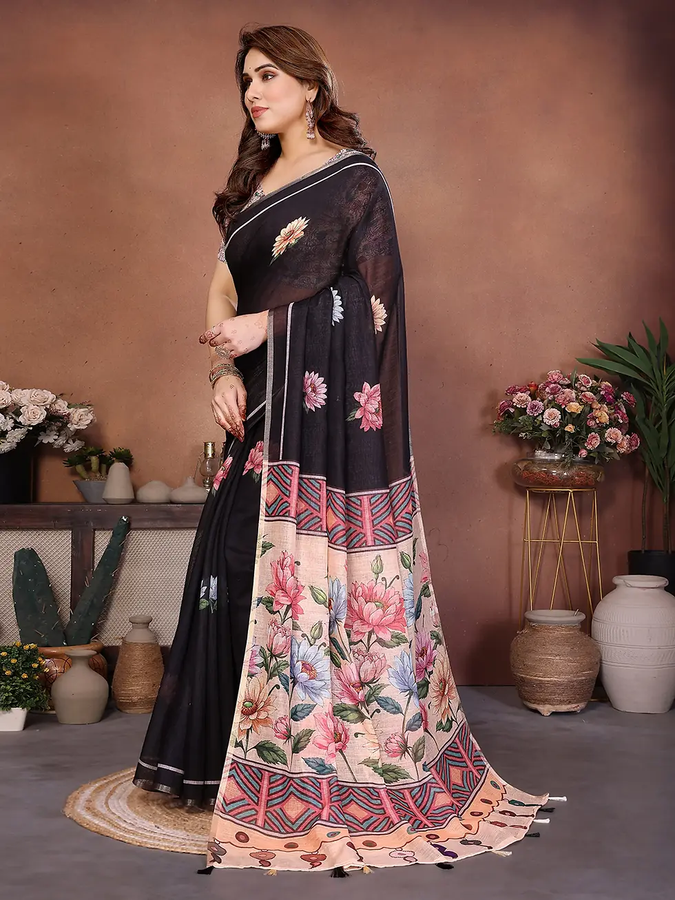 Women's Black Floral Printed Linen Blend Saree with Designer Digital Print Pallu, Elegant Casual Party Wear Soft Lightweight
