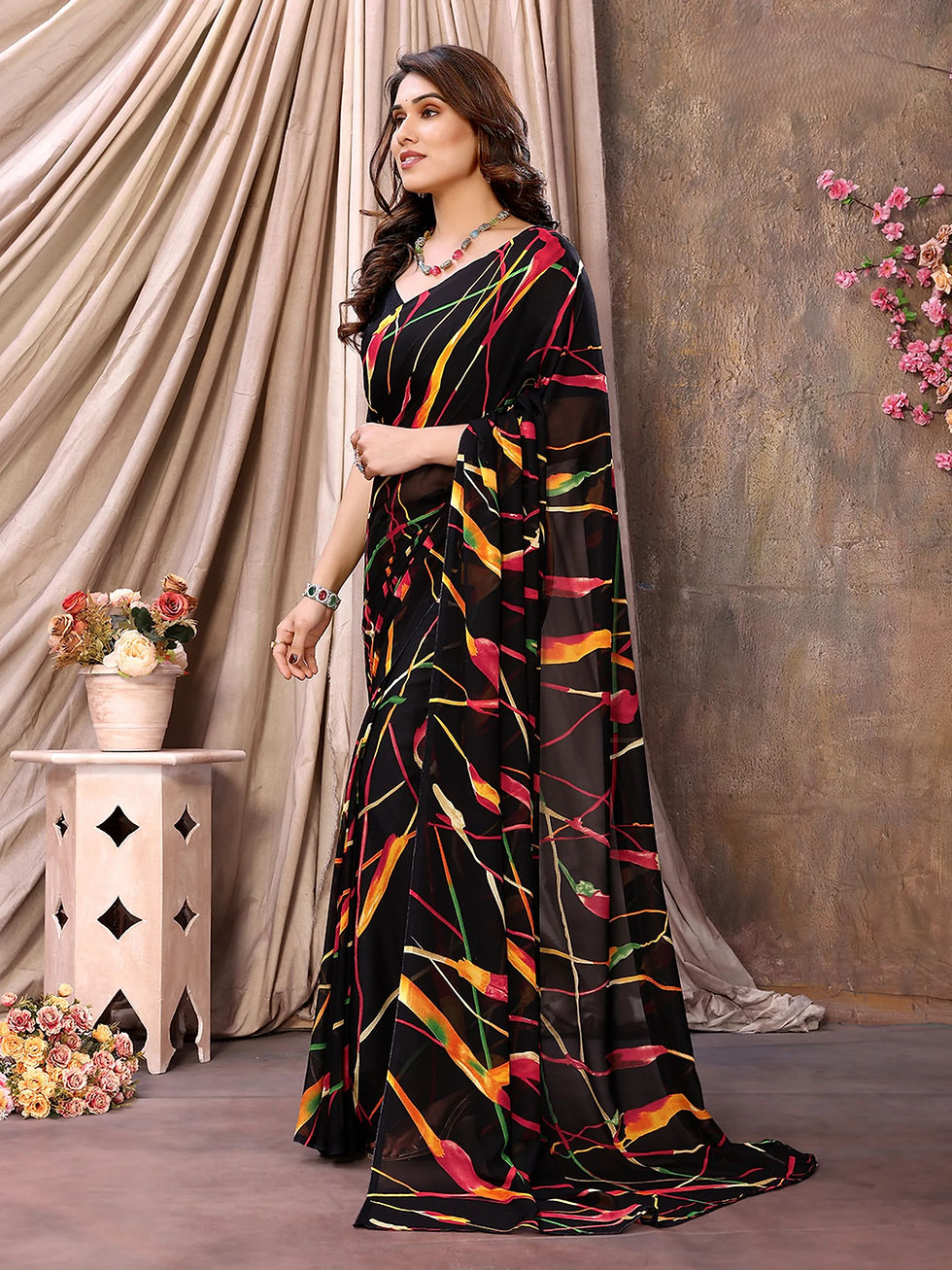 Women's Black Multicolor Abstract Printed Georgette Saree Lightweight Soft Daily Wear Party Wear Designer Saree with Elegant