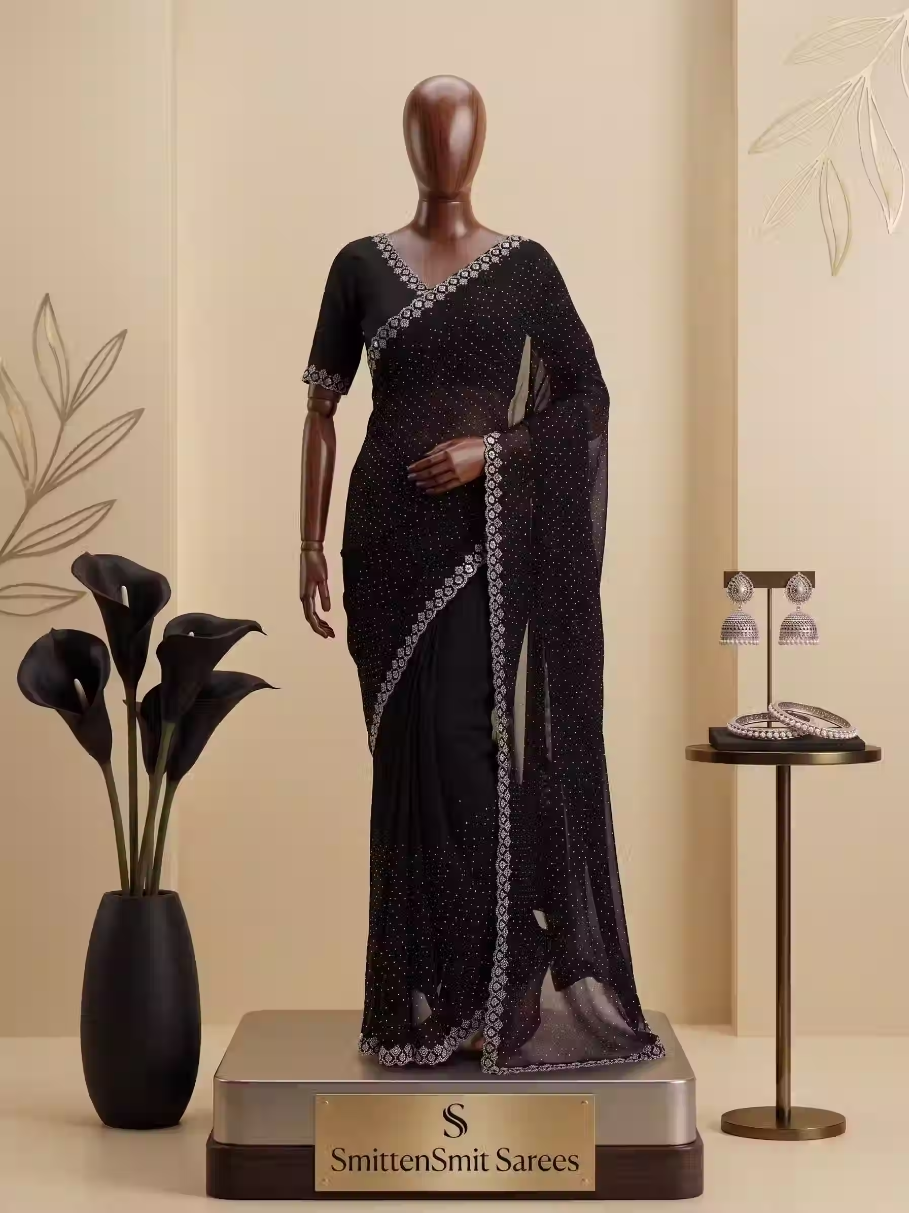 Women's Black Georgette Saree with Silver Embellished Border Designer Party Wear Saree Soft Lightweight Sheer Saree with Ma