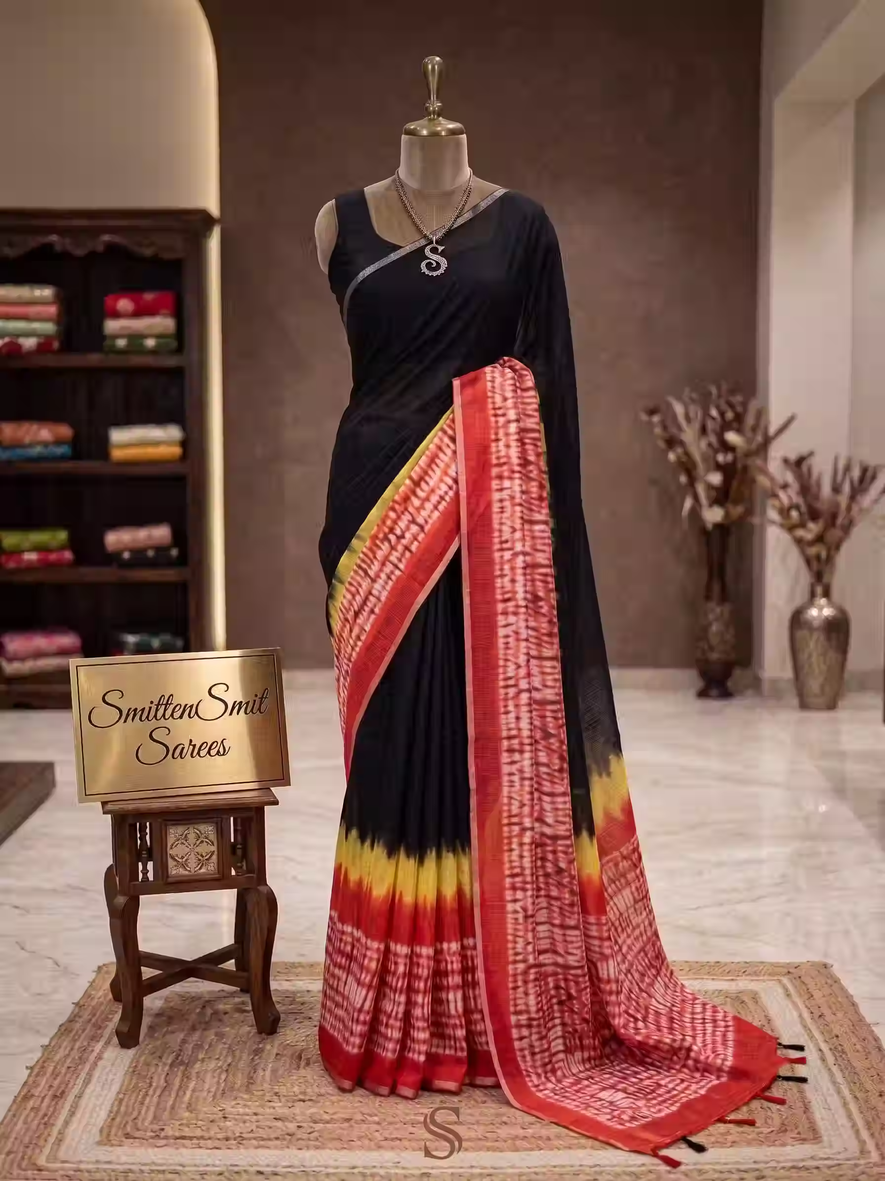 Women's Black Georgette Saree with Red & Yellow Shibori Printed Border Designer Casual Party Wear Saree Lightweight Soft Ge