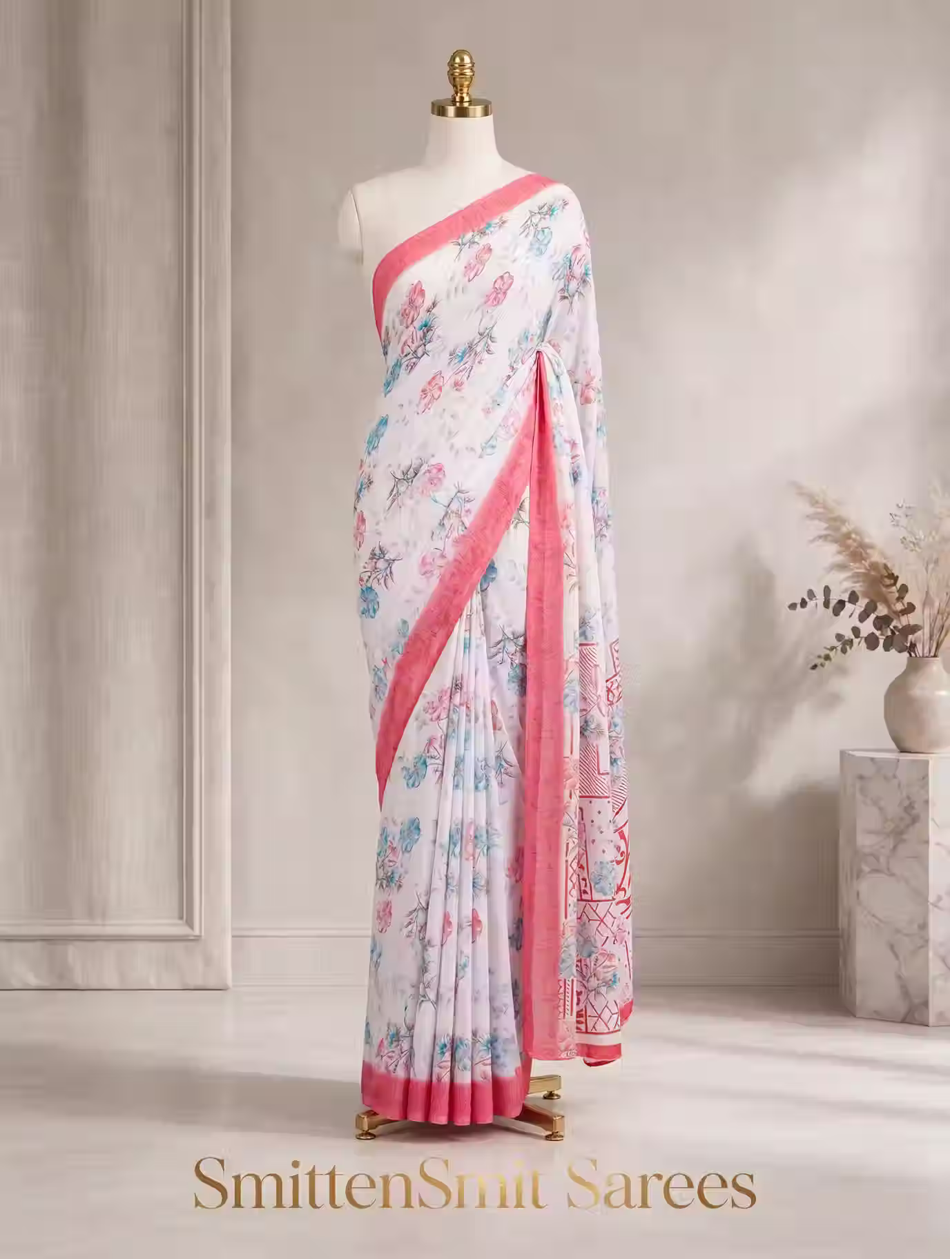 Elegance Redefined White & Pink Floral Printed Georgette Saree
