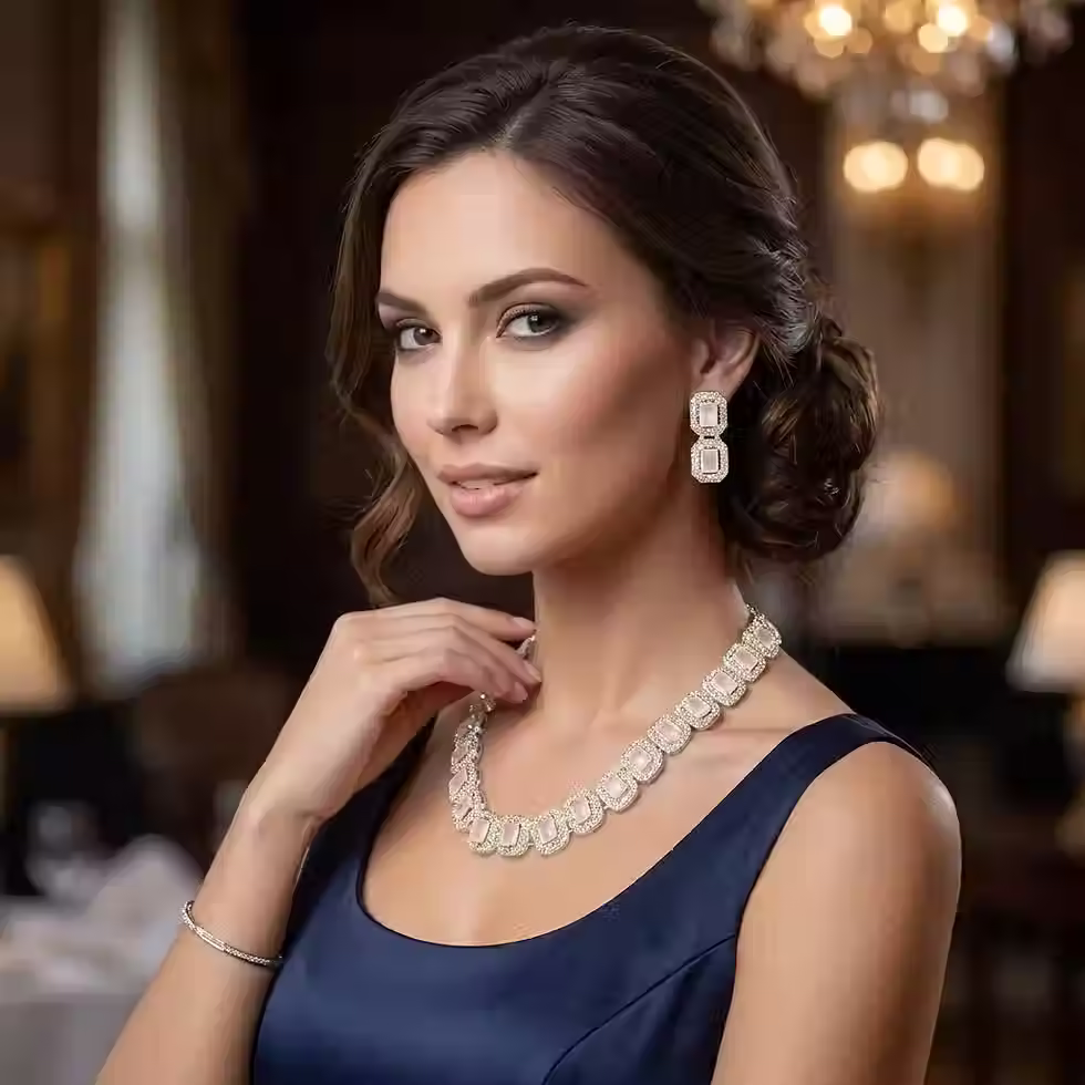 Thumbnail: Elegant Blush Pink Stone & Crystal Embellished Necklace Set for Women