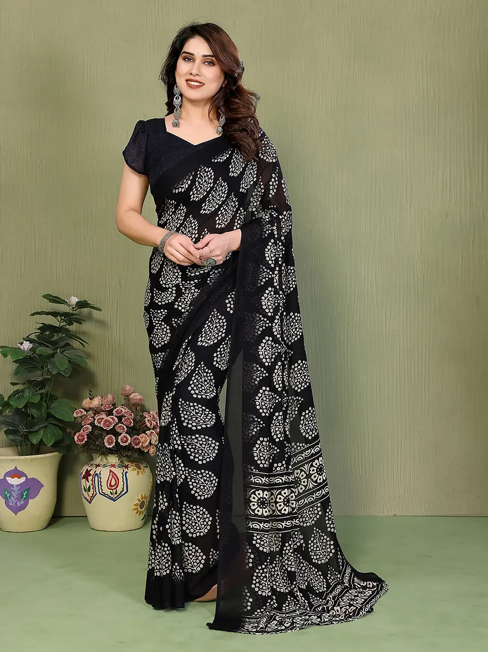 Thumbnail: Elegant Black Printed Georgette Saree with Floral Butti Work and Matching Blouse