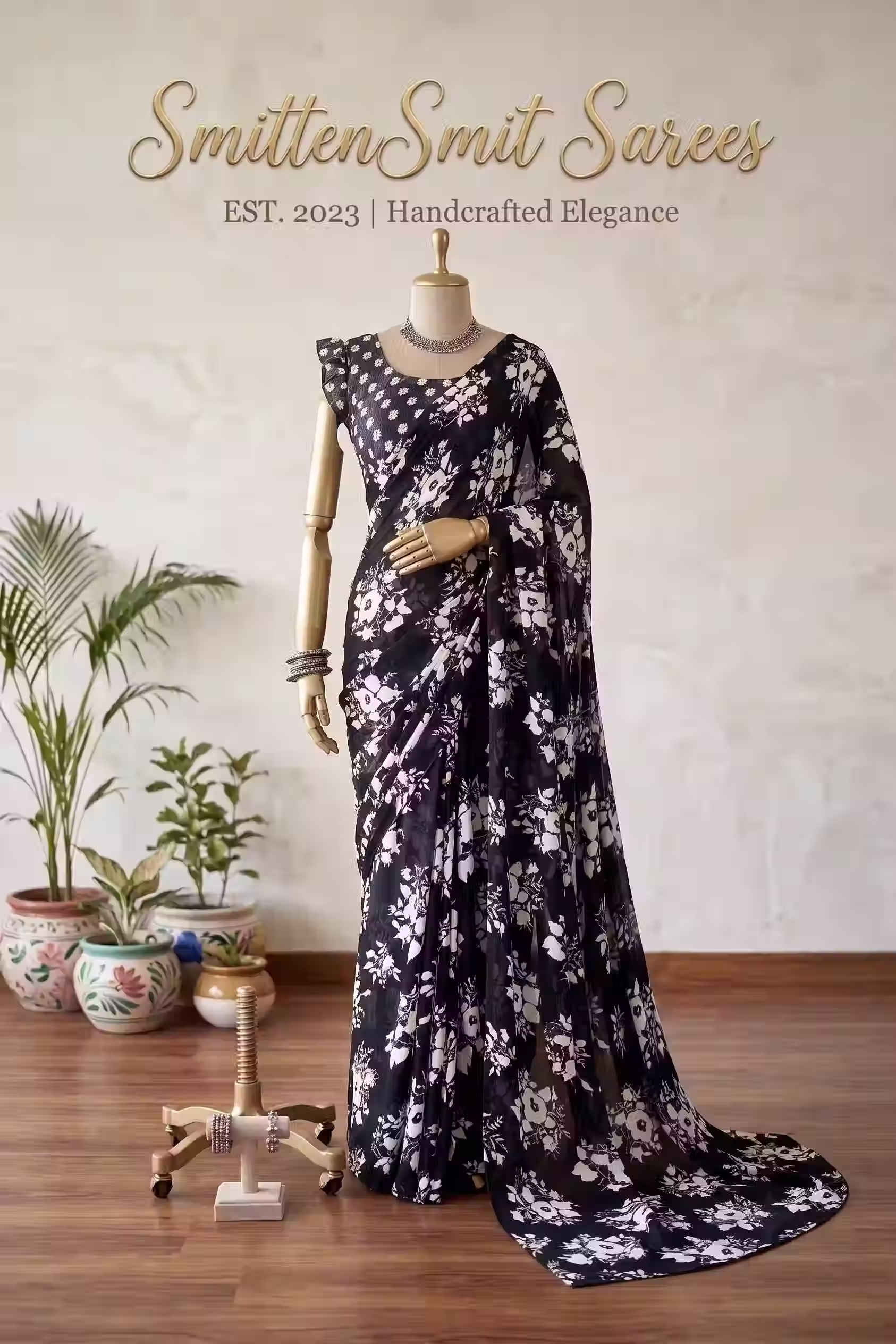 Black & White Floral Printed Georgette Saree for Women – Elegant Designer Party Wear Saree with Matching Blouse Piece Lightw