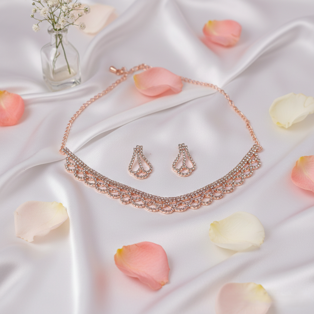 Elegant Rose Gold-Plated Scalloped Choker Necklace and Drop Earring Set