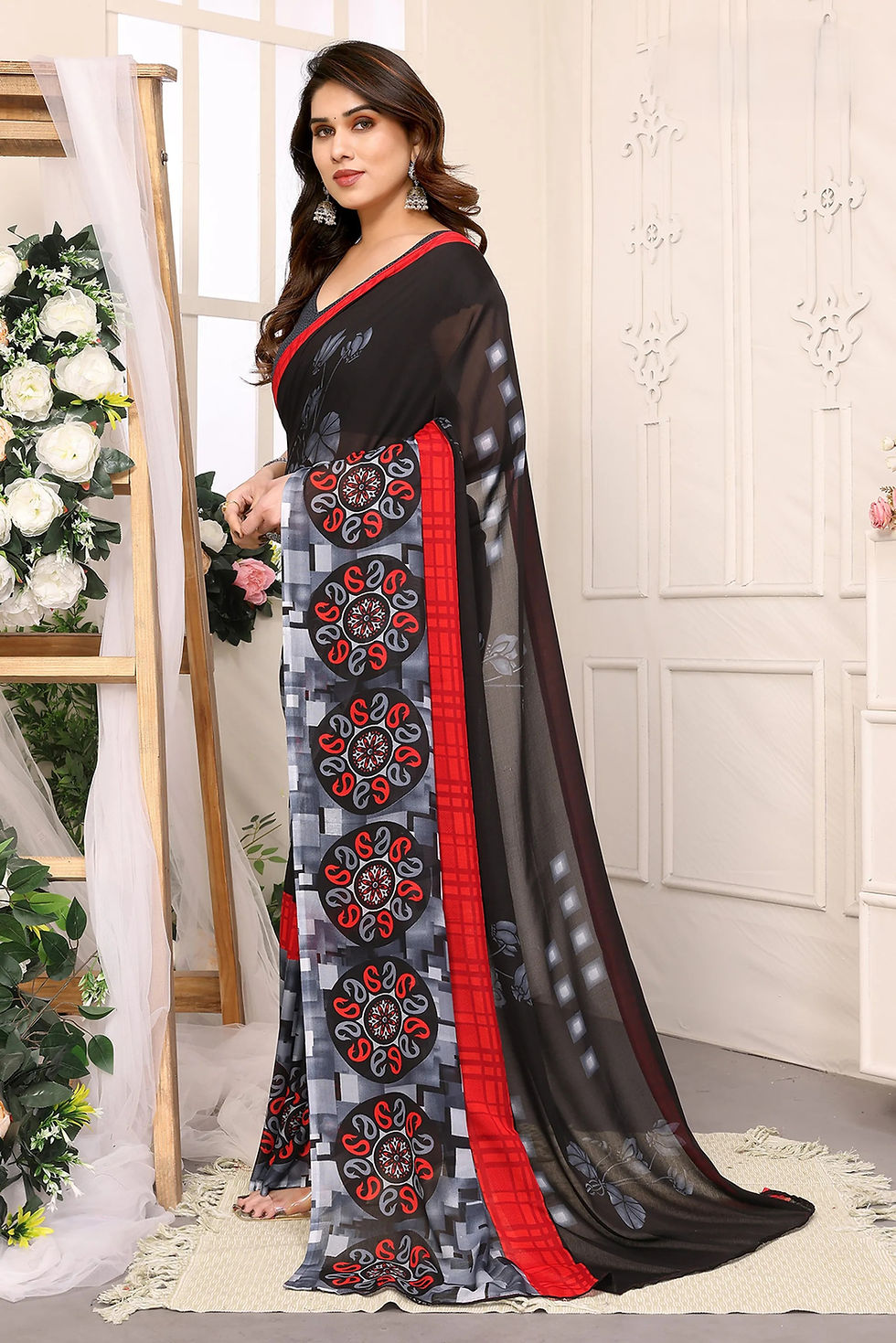 Women's Black Georgette Printed Saree with Red Border & Grey Circular Abstract Print Lightweight Soft Daily Wear, Casual, Of