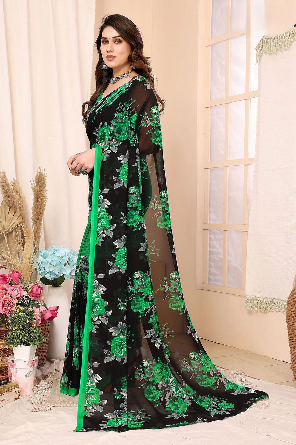 Women's Black & Green Floral Printed Georgette Saree with Matching Blouse Piece Soft Lightweight Party Wear, Festive, Weddin