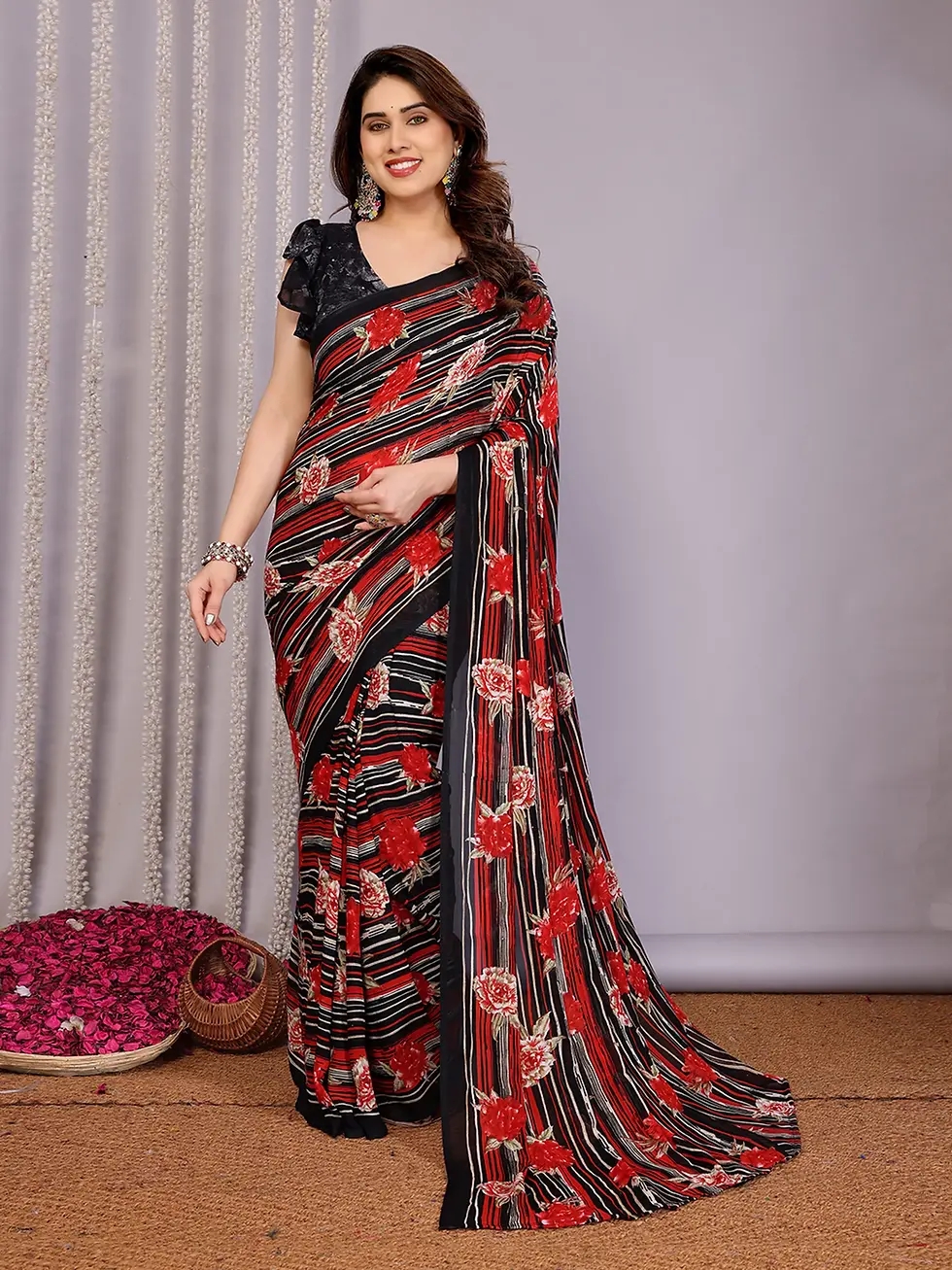 Women's Black & Red Floral Printed Striped Georgette Saree with Matching Blouse Piece Elegant Daily Wear, Office Wear, Party