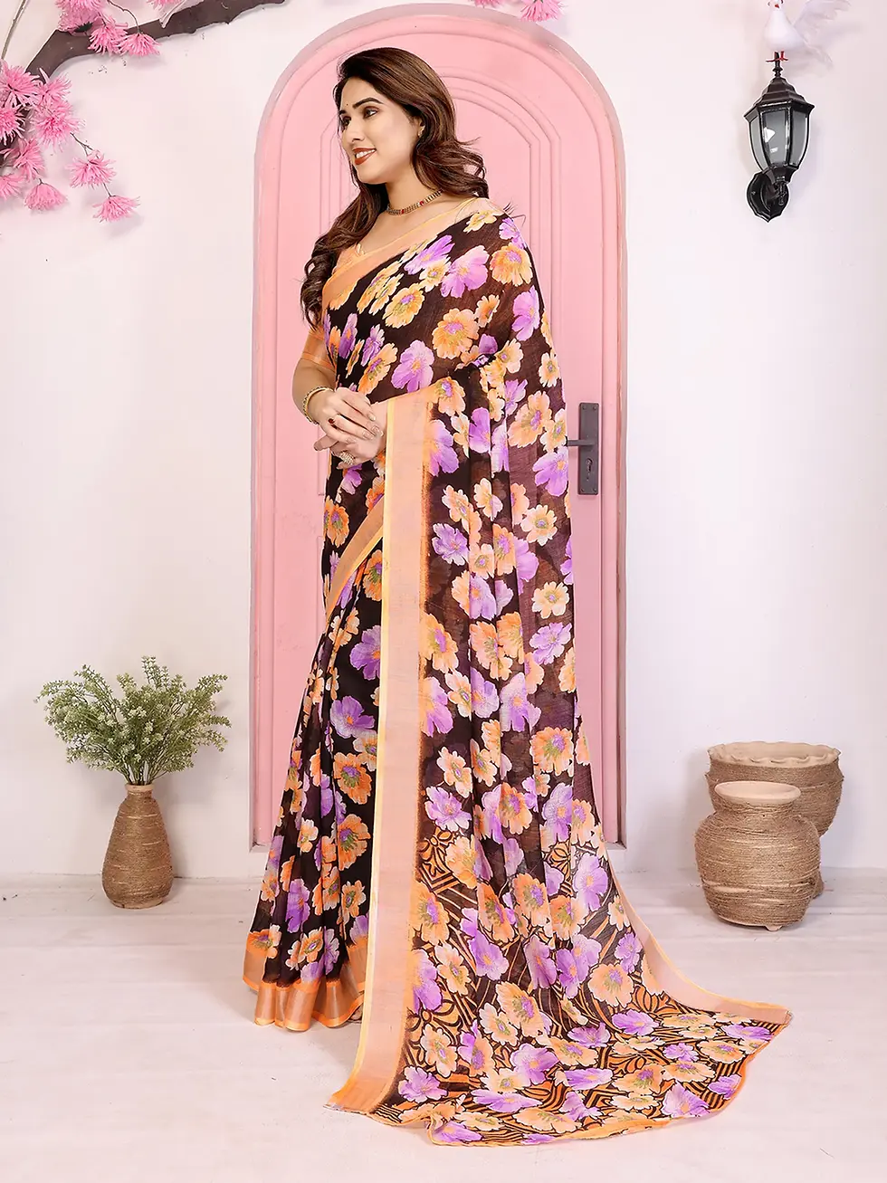 Women's Black Floral Printed Saree with Peach Golden Border Soft Georgette Daily Wear Saree Elegant Designer Party Wear, Fe