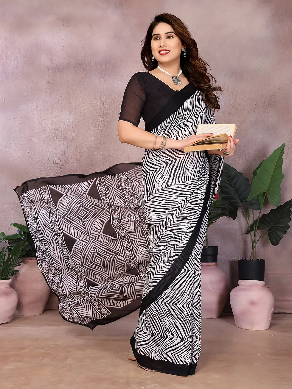 SmittenSmit Women's Black & White Zebra Print Georgette Saree with Black Border Designer Animal Print Party Wear Saree Ligh