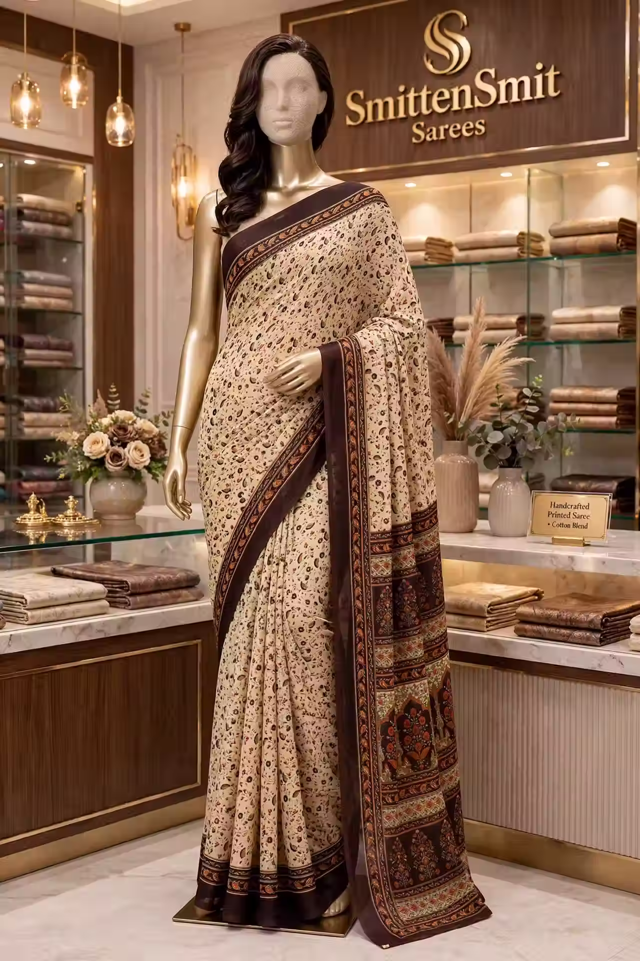 Elegant Cream & Coffee Brown Printed Georgette Saree with Floral Border