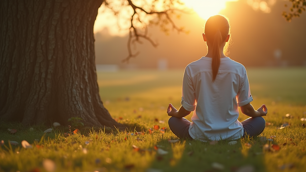 Pessoa meditando sob uma árvore ao pôr do sol, encontrando serenidade na tranquilidade da natureza.
