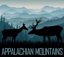 Silhouettes of two deer facing each other, set against layered blue mountains and trees. Text reads "APPALACHIAN MOUNTAINS."
