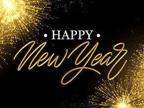 Gold fireworks on a black background with text: "Happy New Year" in elegant script. Festive and celebratory mood.