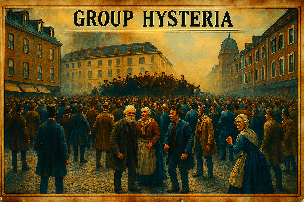 Crowd gathered on a cobblestone street, many in period clothing. "Group Hysteria" text above. Background of historic buildings, muted tones.