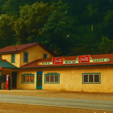 Retro diner and gas station with red roof and vintage signs, surrounded by lush green trees. Mood is nostalgic and serene.