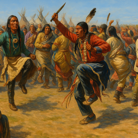Native dancers on an open plain