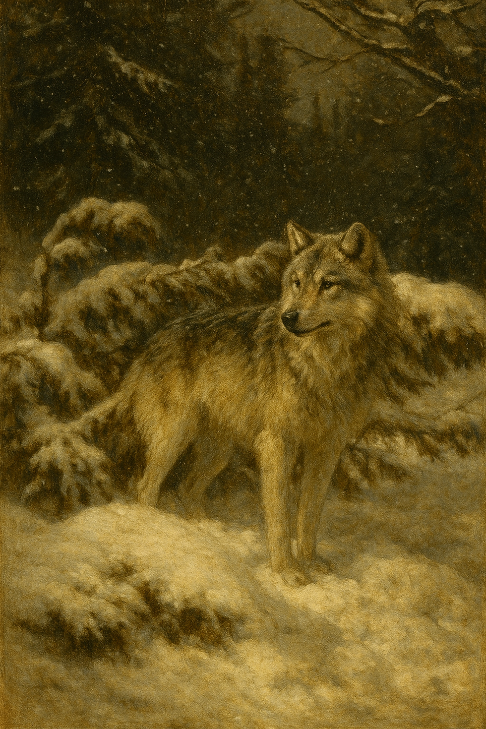 A lone wolf stands in a snowy forest, gazing to the right. The scene is softly lit, with snow-covered trees in the background, creating a serene mood.