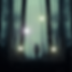 A figure with wings walks through a misty, enchanted forest at night, surrounded by glowing orbs. Tall trees create a mystical ambiance.