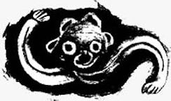 Abstract black and white illustration of a whimsical creature with large eyes and long arms against a plain background, conveying a playful mood.