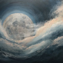 moon with dark navy background and clouds around it.