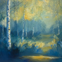 blue, yellow, gold painting of a Silver Birch woodland