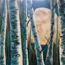 A moon behind a group of silver birch trees