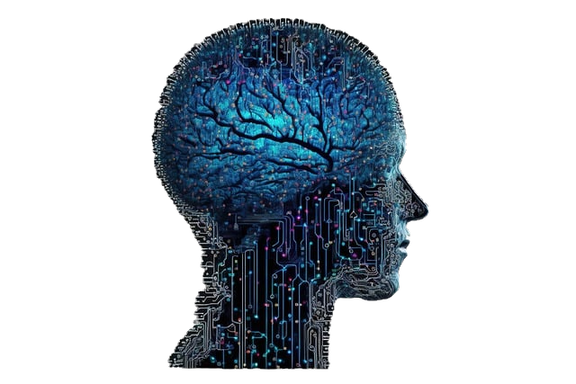 Tête, cou, profil, cerveau, connections bleu et noir
