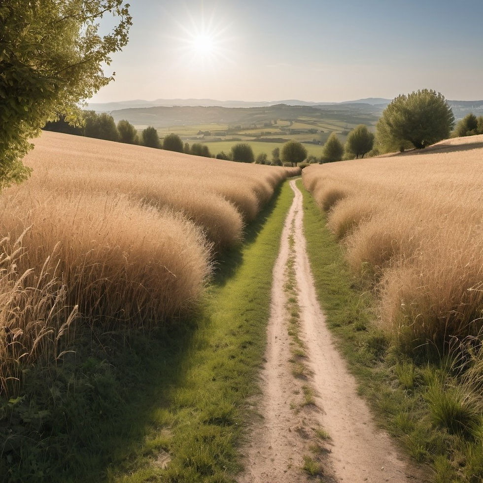 Sentier de terre à travers les champs sous un soleil chaud d'été