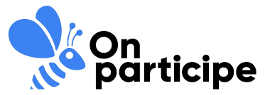 Logo de la plateforme de cagnotte française On participe avec à gauche du nom une abeille bleue stylisée