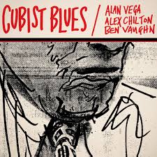 portrait au visage coupé en noir et blanc d'un  homme chemise et cravate sur la pochette du disque Cubist Blues d'Alan Vega