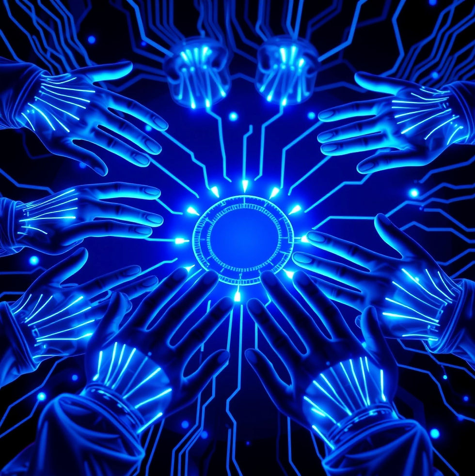 Neuf mains cybernétiques reliées par des connections bleues lumineuses à un cercle lumineux de la même couleur sur fond noir.