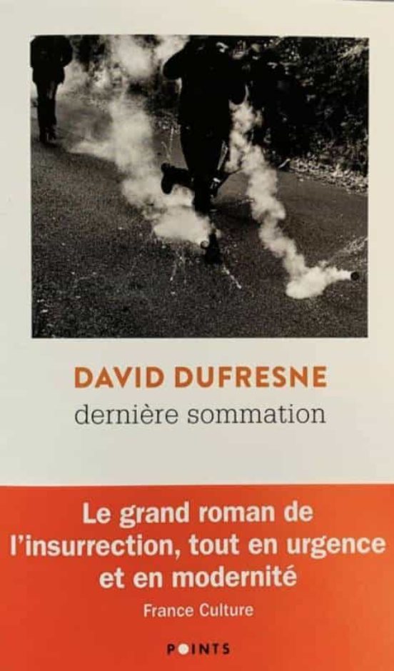Couverture livre Dernière sommation de david Dufresne représentant une photo en noir et blanc dans laquelle un homme marche au milieu des fumées de gaz lacrymogène sur une route.