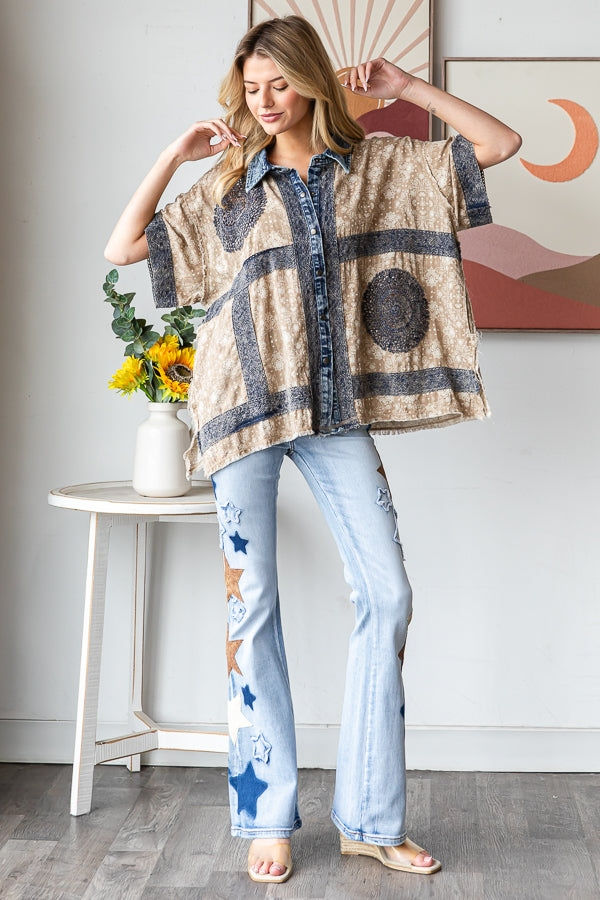 Thumbnail: Washed Crochet Patchwork Button Down Shirt