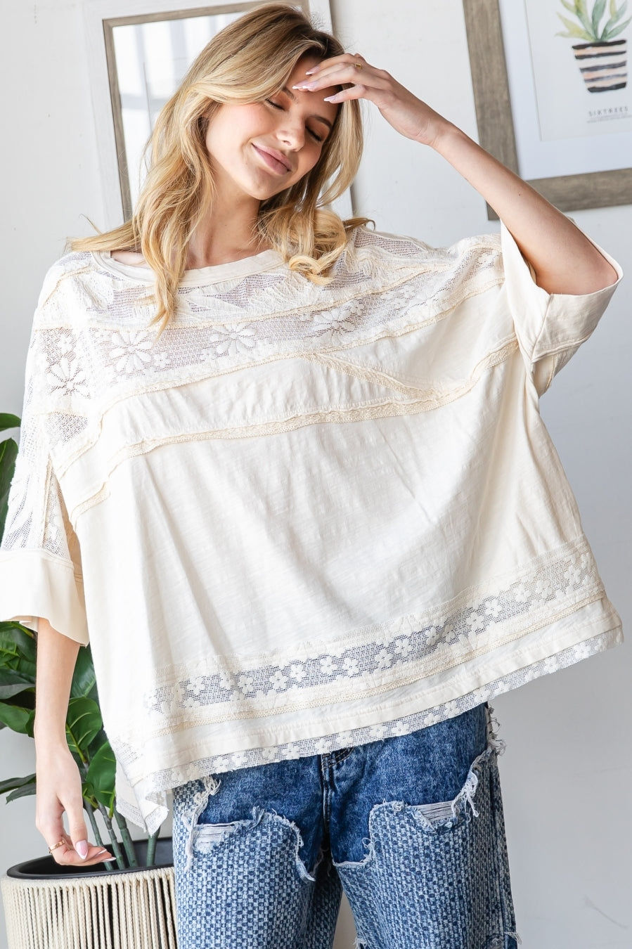 Washed Lace Contrast Boxy Loose Top