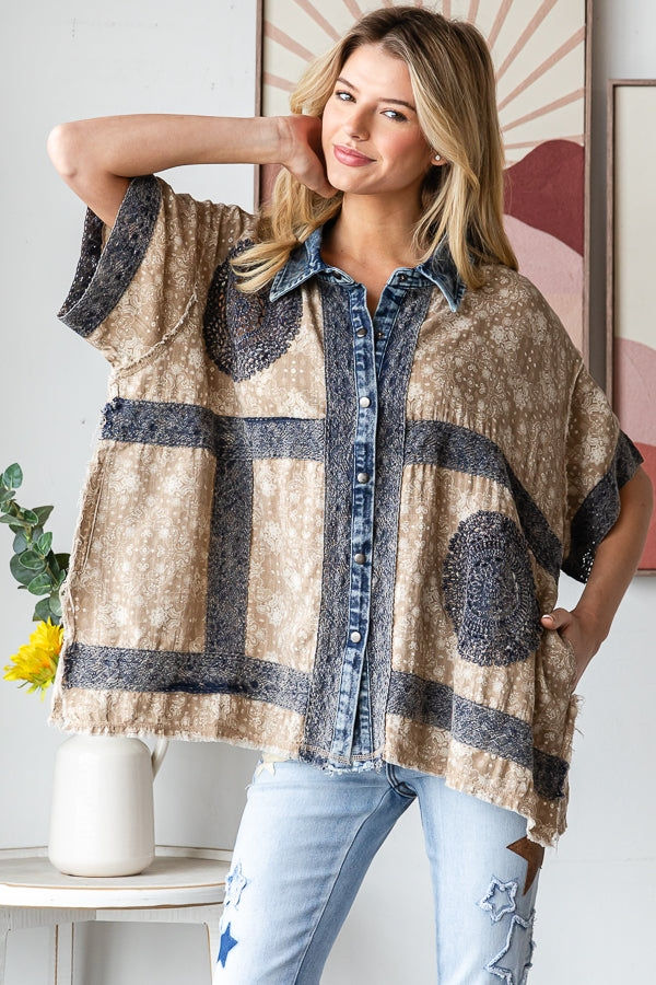 Thumbnail: Washed Crochet Patchwork Button Down Shirt