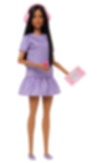 Autistic Barbie Doll in a purple striped dress with pink headphones holds a pink tablet and accessory. White background, relaxed expression.
