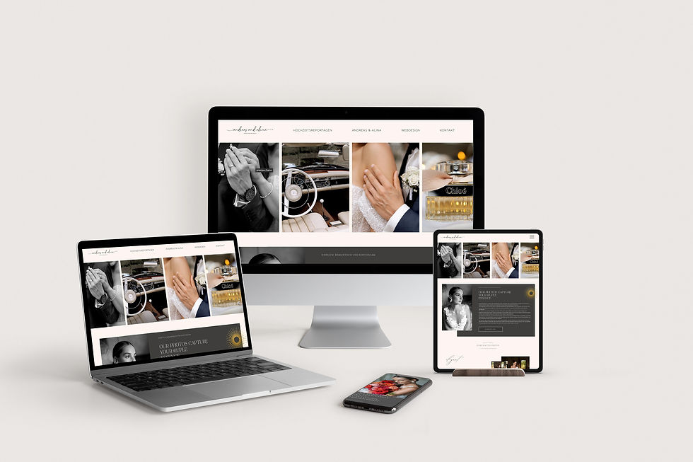 Responsive Webdesign-Ansicht einer Hochzeitsfotografie-Website auf verschiedenen Geräten mit eleganten Bildergalerien.
